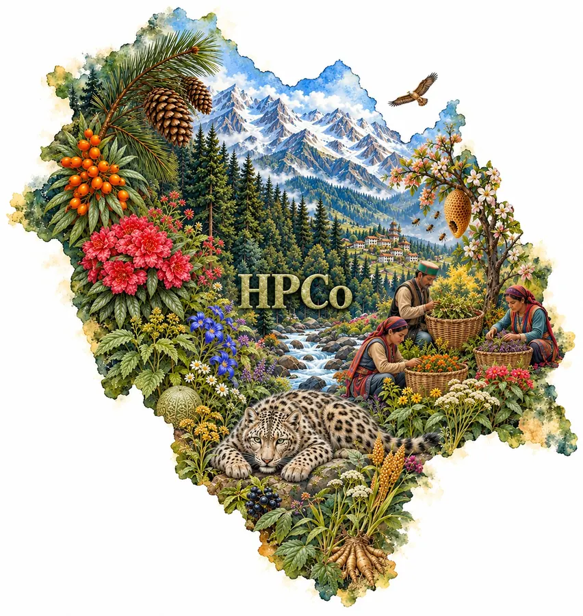 Illustrated Himalayan landscape with pine, berries, flowers, forest and people gathering plants